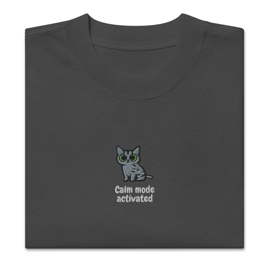 Gray Cat Embroidered Oversize T-shirt