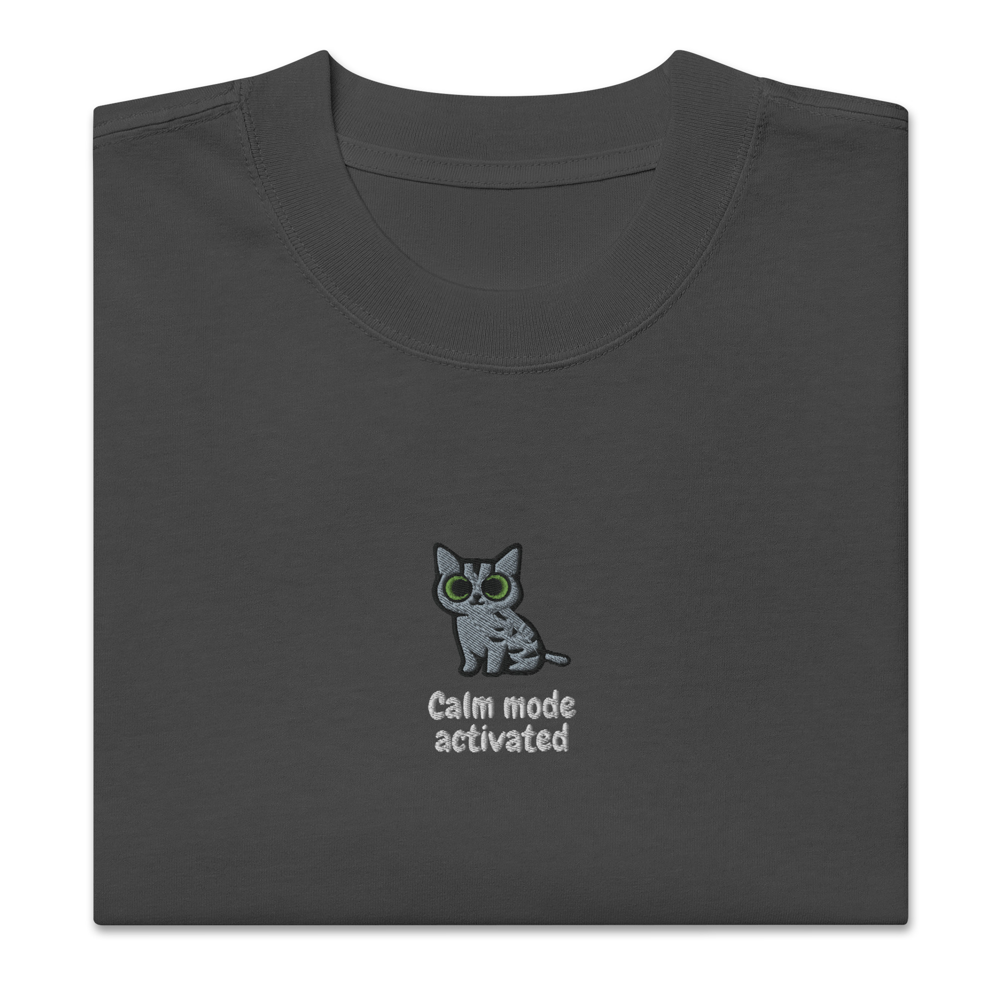 Gray Cat Embroidered Oversize T-shirt