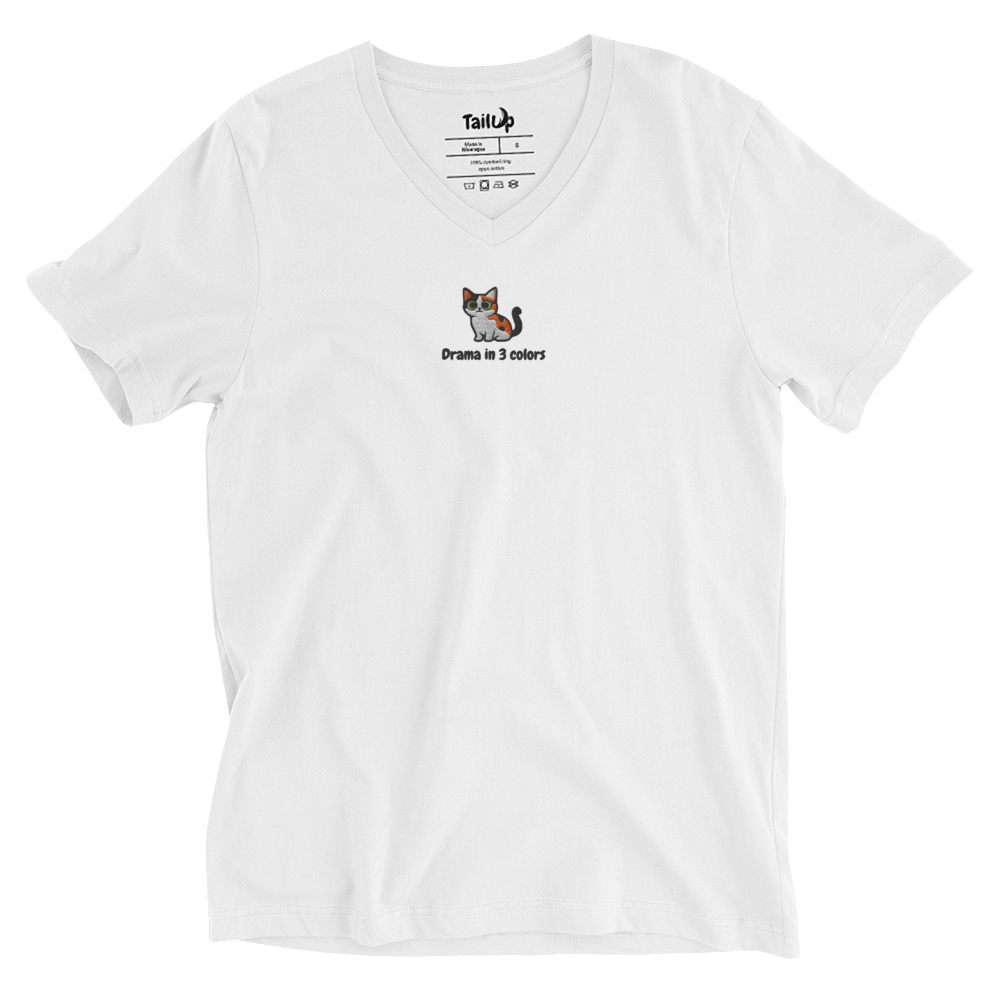 Tricolor (Calico) Cat Embroidered V-Neck T-shirt