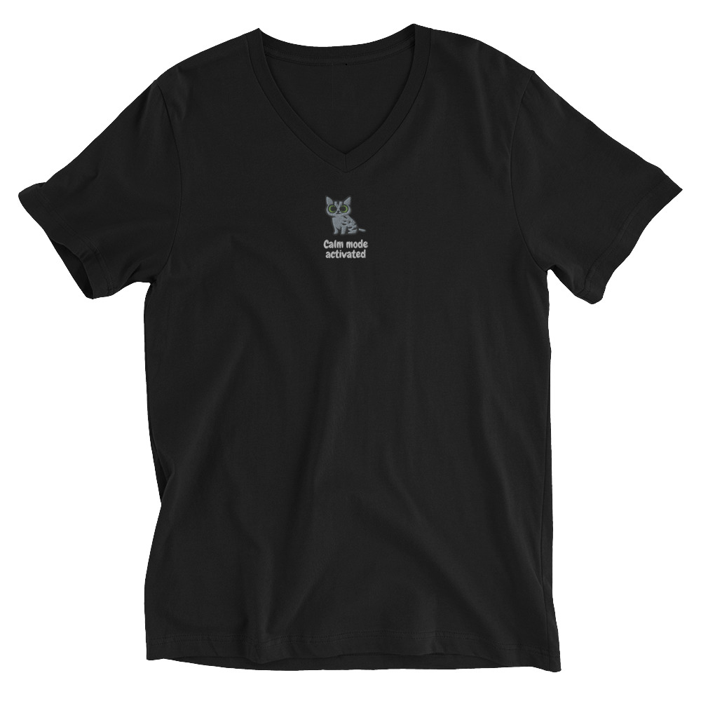 Gray Cat Embroidered V-Neck T-shirt