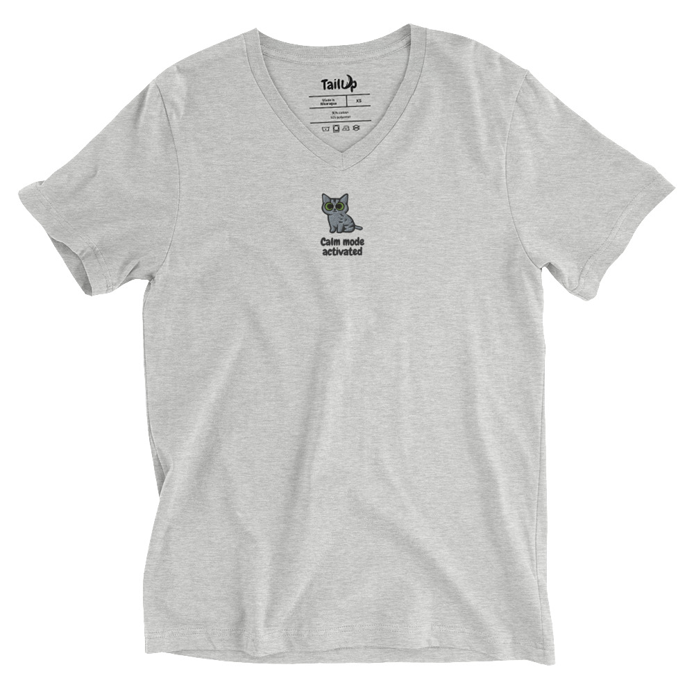 Gray Cat Embroidered V-Neck T-shirt