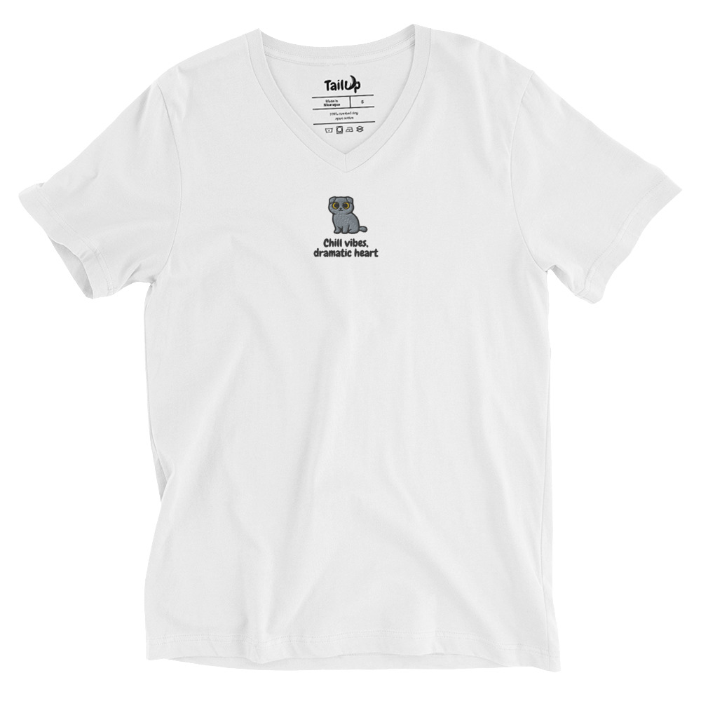 Scottish Fold Cat Embroidered V-Neck T-shirt