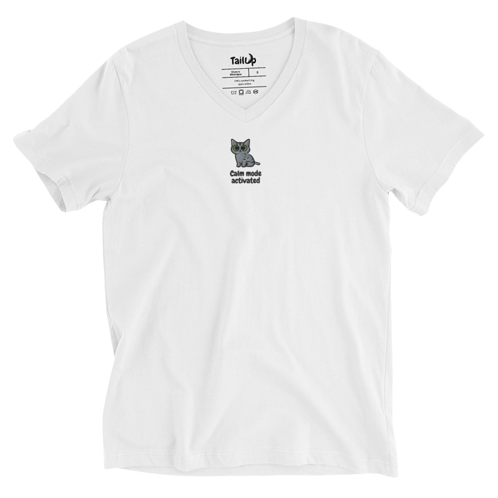 Gray Cat Embroidered V-Neck T-shirt