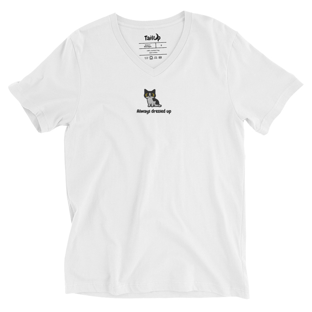 Black-White (Tuxedo) Cat Embroidered V-Neck T-shirt